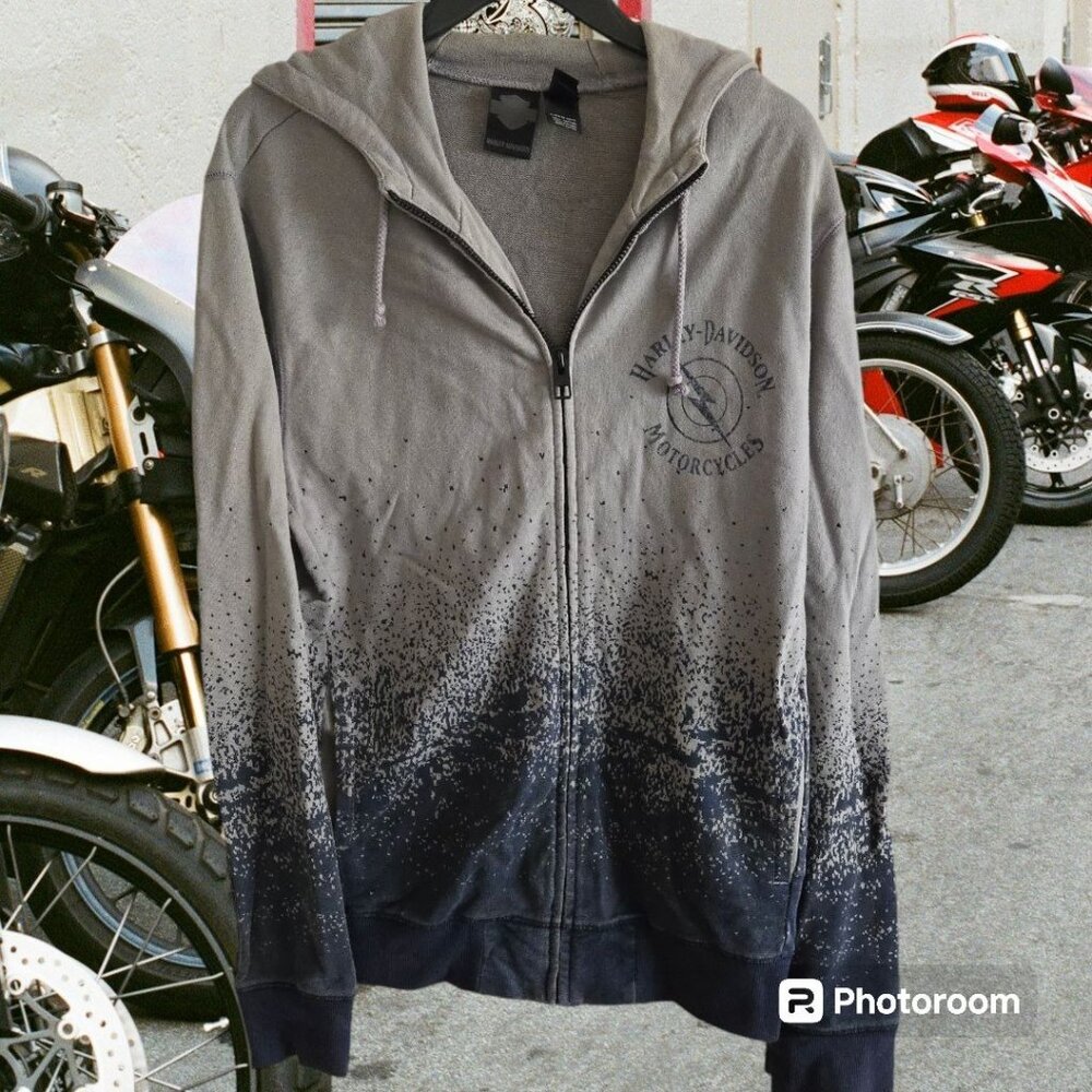 Men's Harley Davidson Motorcycles Full Zip Hoodie L Grey Navy Splatter Print